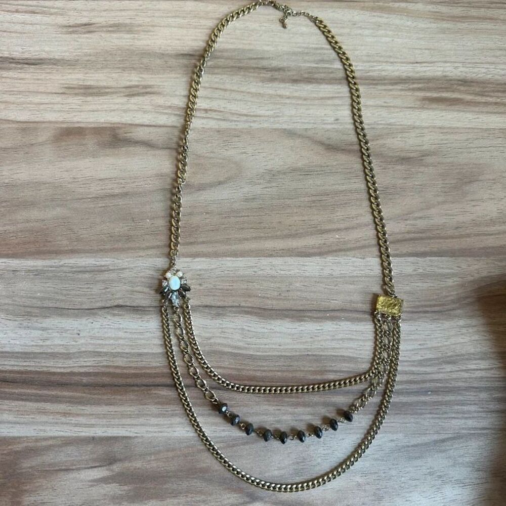Gold Tone Multi Strand Chain Necklace Black Beads Jeweled Floral Statement